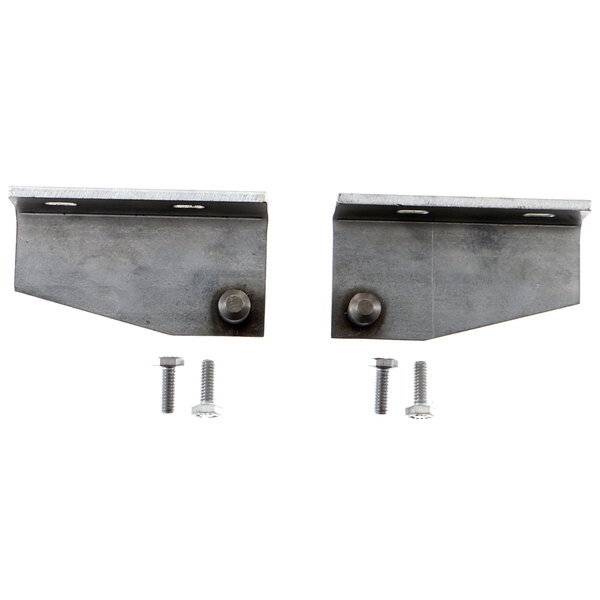 A pair of metal brackets with screws and nuts.