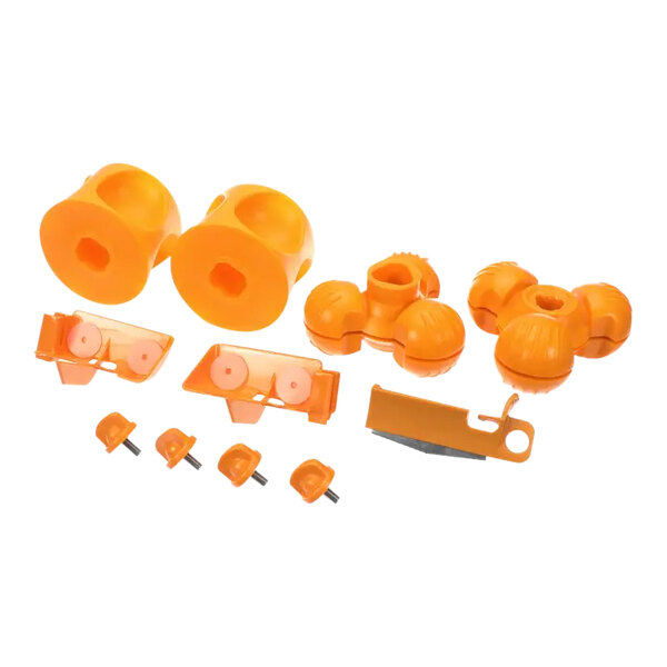 A set of orange plastic and metal replacement parts for a Zumex juicing machine.