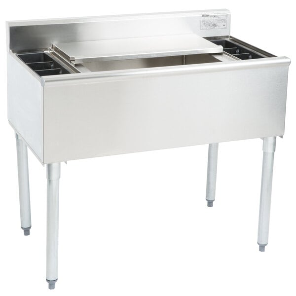 A stainless steel Eagle Group underbar ice and cocktail bin on a counter.