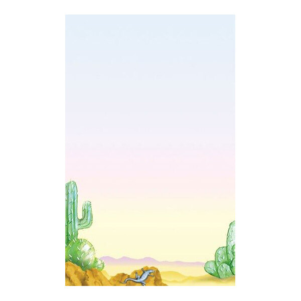 An illustration of a desert landscape with cacti on both sides, a lizard on rocks at the bottom, and a gradient sky transitioning from yellow to blue.