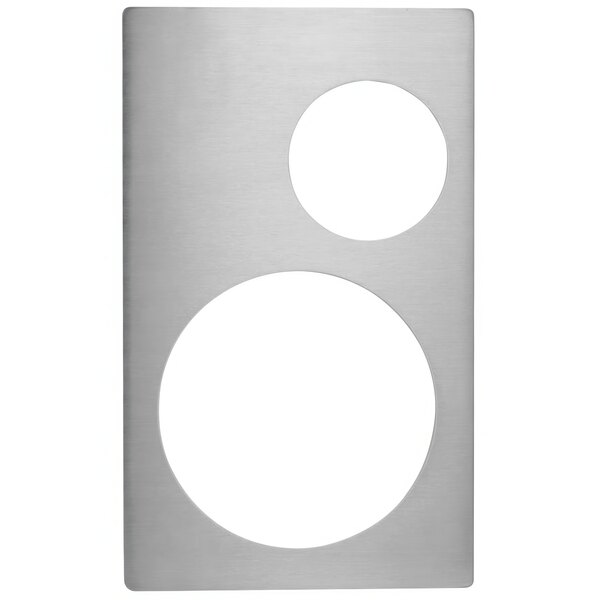 A silver rectangular Vollrath stainless steel plate with two circles inside.