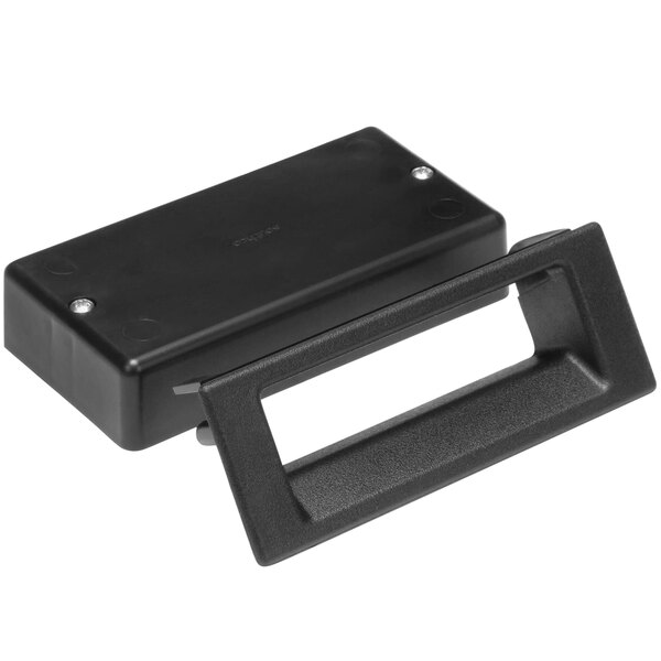 A black rectangular handle for a refrigerator.