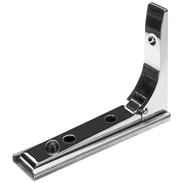 A chrome steel Delfield folding bracket with holes.