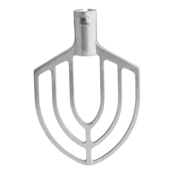 A silver Hobart 20 qt batter beater attachment with a handle.
