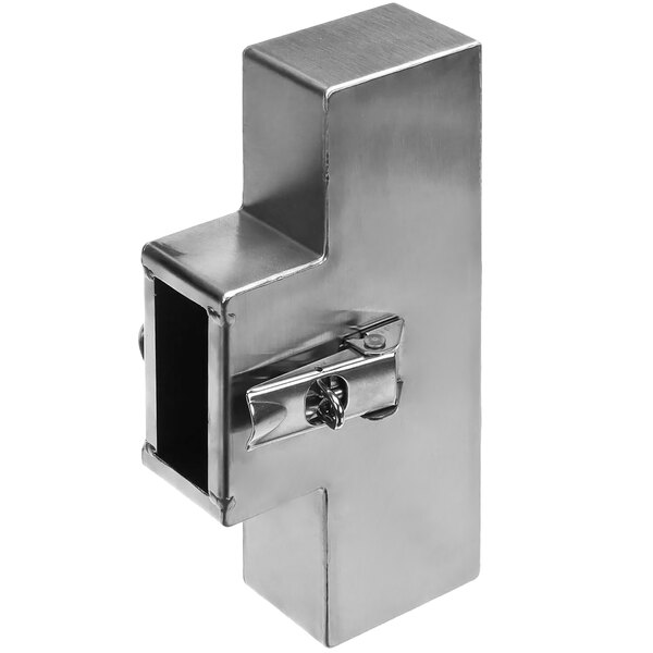 A stainless steel metal box door latch with a hole.