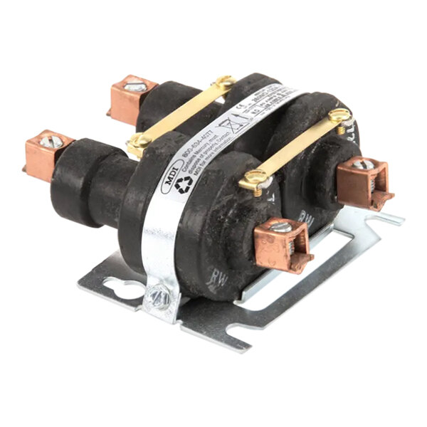 A black Lincoln contactor with copper and brass wires.