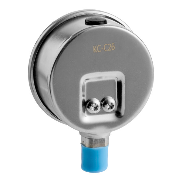 A round metallic device with a smooth surface, two screws, a blue plastic cap at the bottom, and the marking 'KC-C26' on the back.