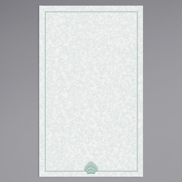 A white rectangular paper with a green shell border.