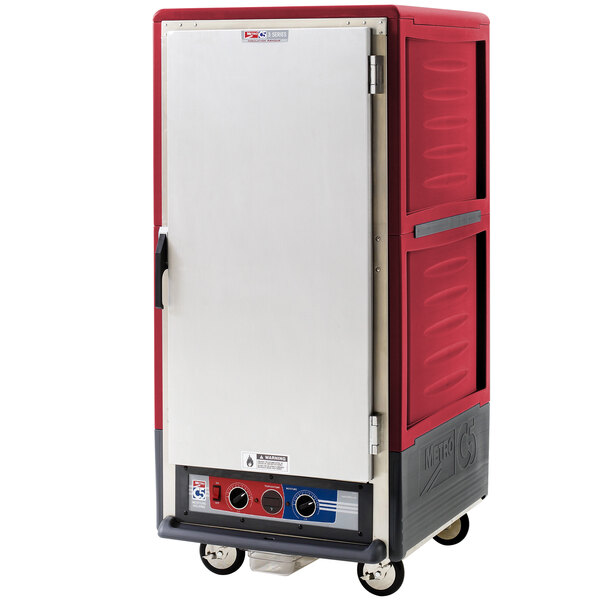 A red and grey rectangular Metro C5 holding and proofing cabinet with wheels.