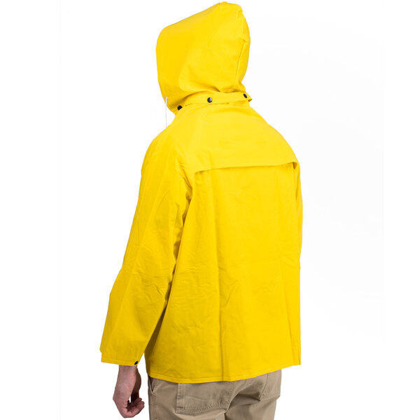 A person wearing a yellow Cordova rain jacket.