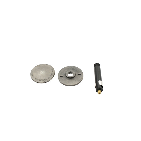 A round metal burner assembly with a small metal plate and a metal screw.