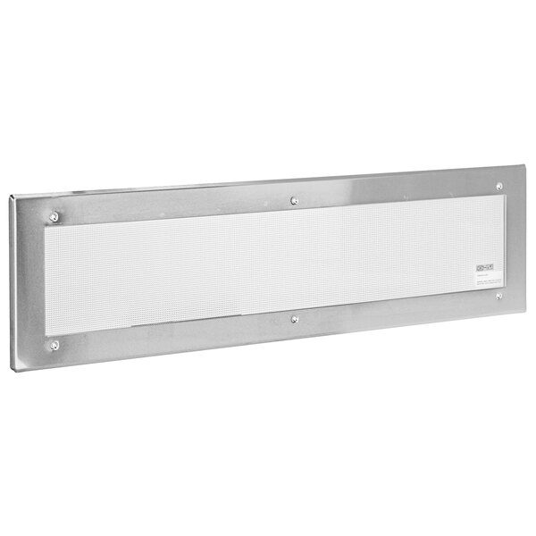 A rectangular metal frame with a white border holding a clear lens.
