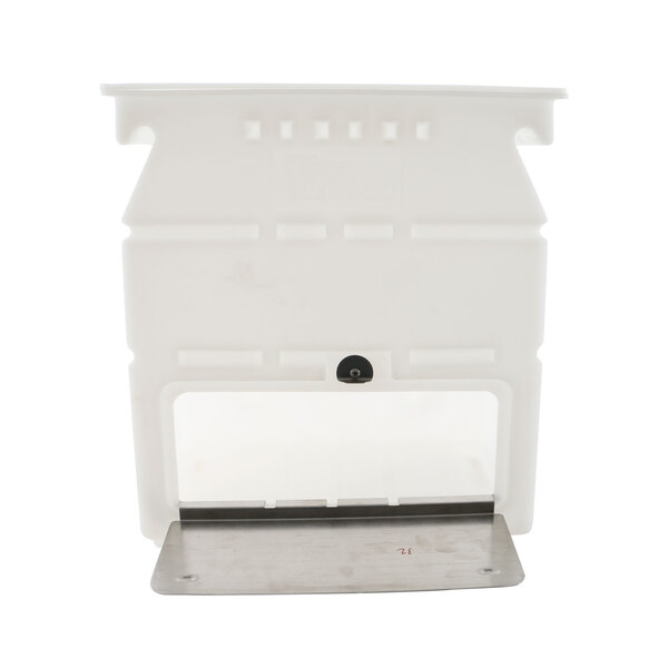 A white plastic Glastender bin with a metal plate.