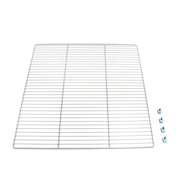 A metal grid shelf with screws.