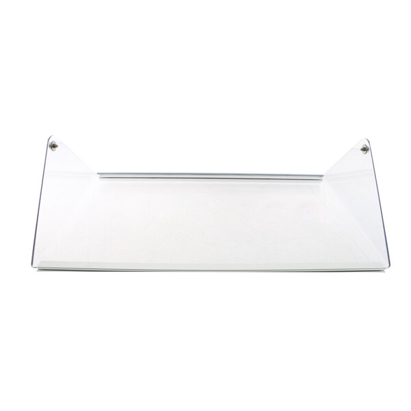 A clear plastic shelf with metal corners.