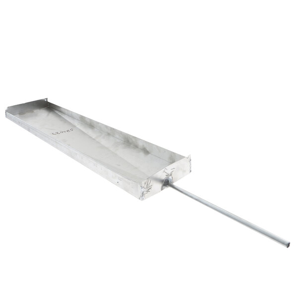 A metal box with a long stick and holes.