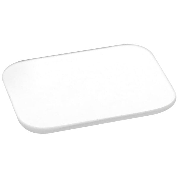 A white rectangular glass lid with a black handle.