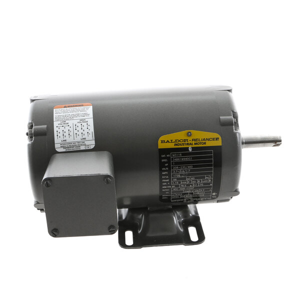 A close-up of a grey Blakeslee electric motor with a yellow label.