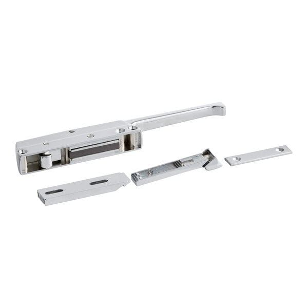 A metal combo latch set with a handle and multiple mounting plates.