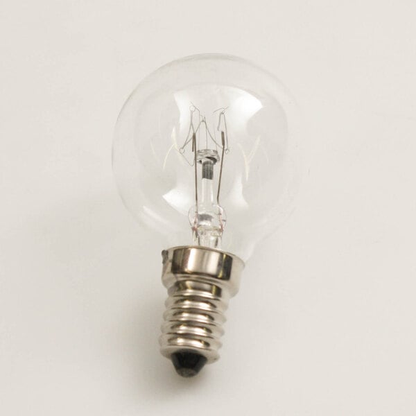 A Moffat light bulb with a silver base and a small bulb on top.