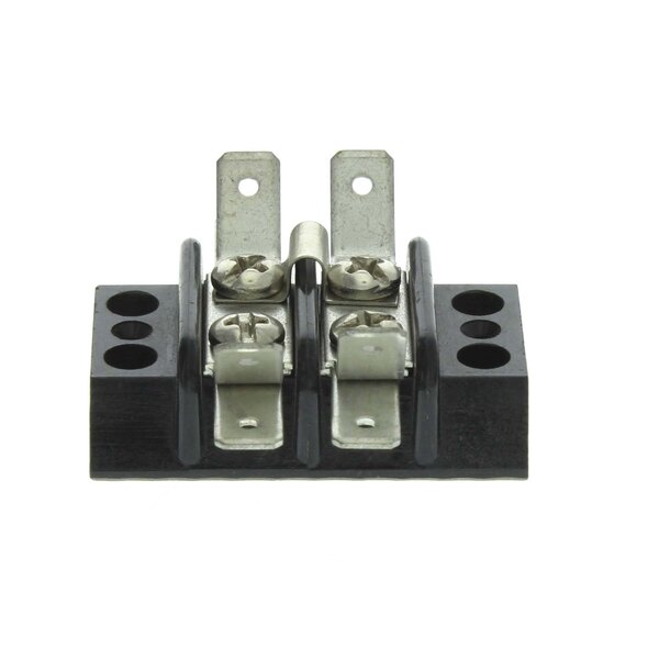 A close-up of a Middleby Marshall terminal block with two metal terminals.