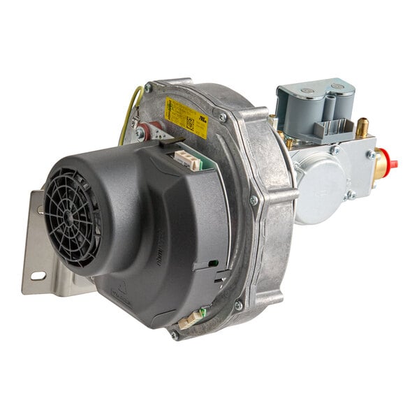 A metallic and plastic mechanical assembly with a fan, housing, and attached valve components, likely part of a burner or HVAC system.