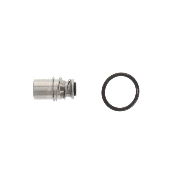 A metal cylinder with a black rubber ring on the end.