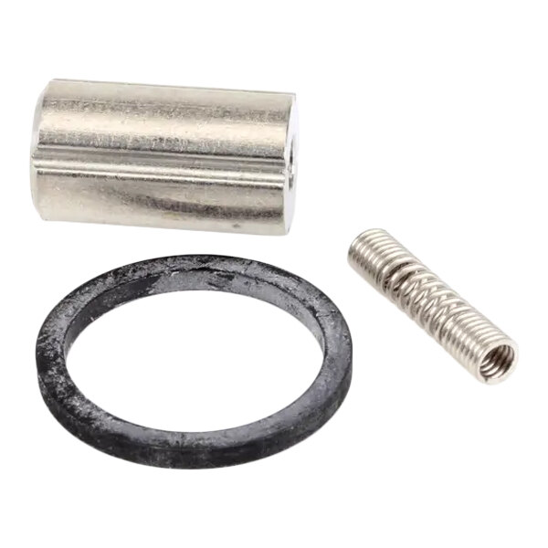 A Bunn 01111.0000 solenoid repair kit consisting of a metal cylinder, a spring, and a rubber gasket.