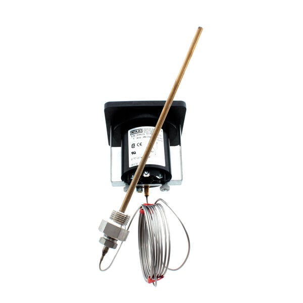 A Hobart thermostat with a metal rod and a wire.