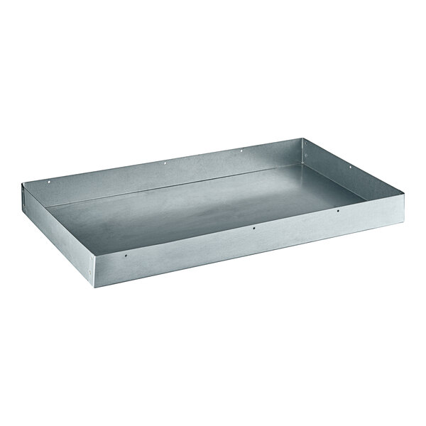 A metal Beverage-Air drain pan with a handle.