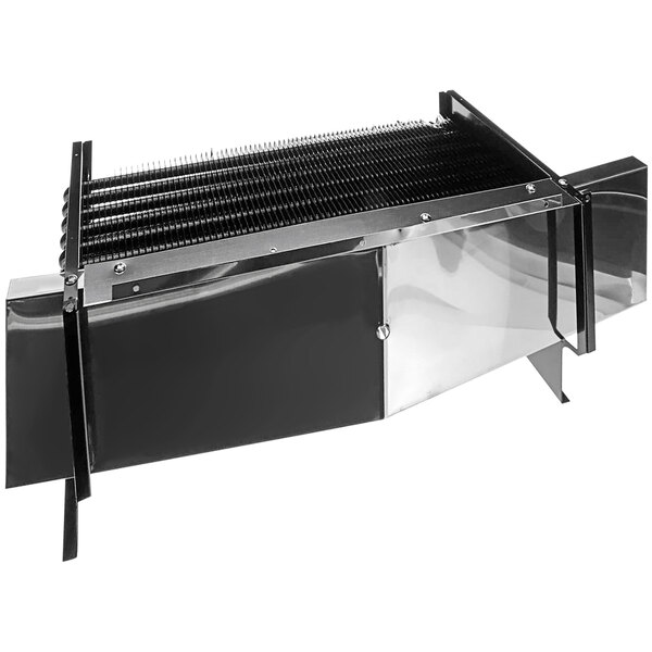 A black and silver metal Norlake evaporator coil.