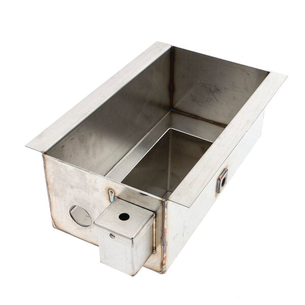 A stainless steel metal box with holes.