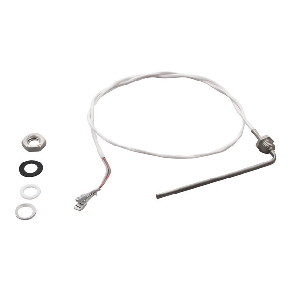 A white wire with a long metal rod and a small metal connector.