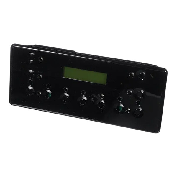 A rectangular black control board with multiple buttons and a small display screen.