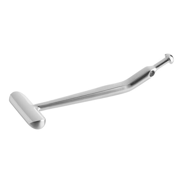 A metallic, T-shaped handle with a sleek, polished finish and an angled design.