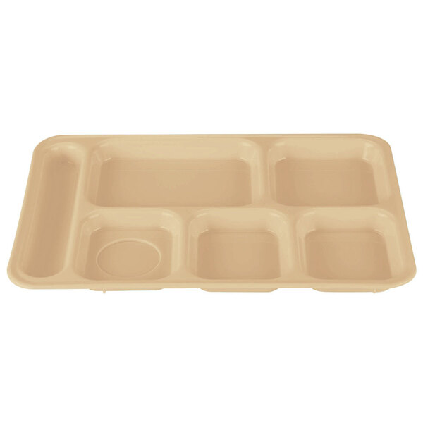 A white Cambro co-polymer serving tray with six compartments.