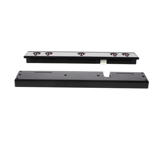 A black rectangular Wilbur Curtis control board with two metal brackets with holes.