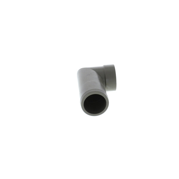 A grey plastic elbow for a pipe.