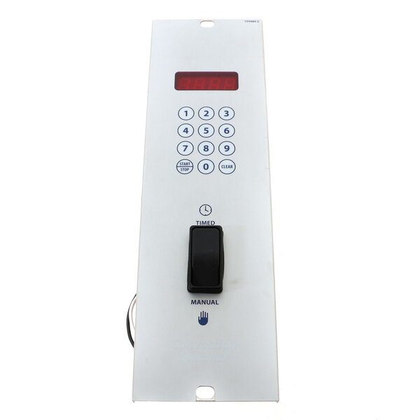 A white rectangular electronic control panel with black and red accents.