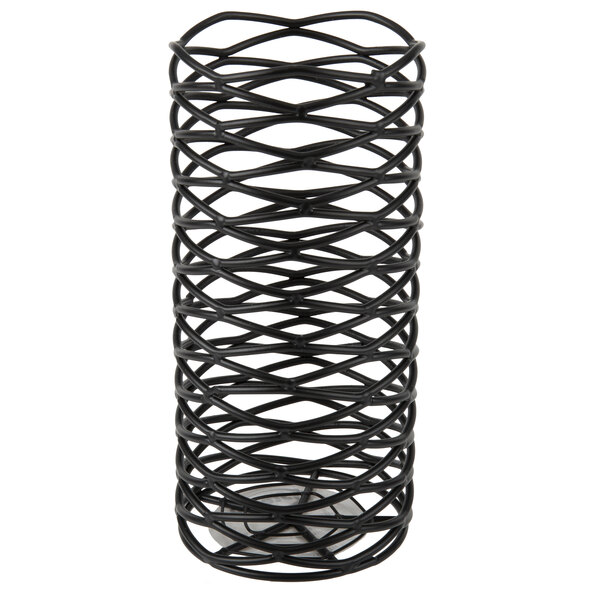 A black wire meshed Sterno lamp base in a spiral diamond shape.