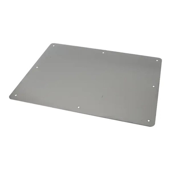 A rectangular metal plate with rounded corners and several small holes near the edges.