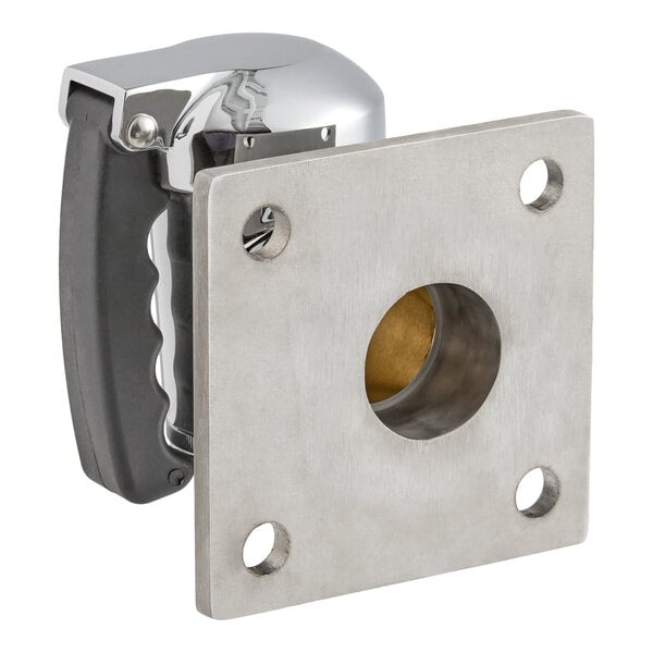 A metal valve assembly with a square mounting plate featuring four holes and a central circular opening, attached to a chrome and black handle.