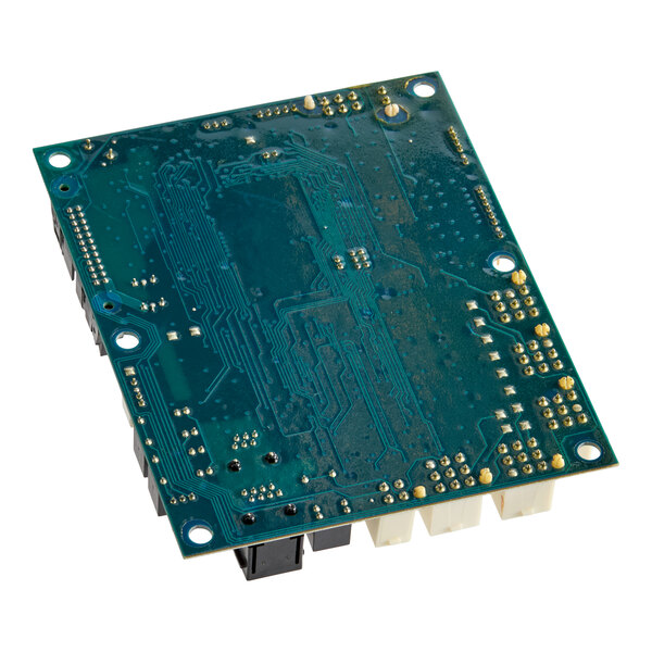 A green printed circuit board with visible traces, solder points, and several connectors along one edge.