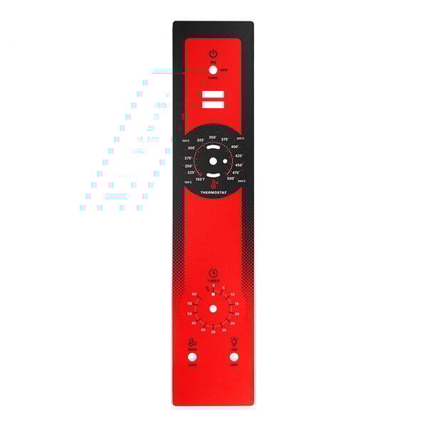 A red rectangular control panel overlay for a Vulcan convection oven with black dials and numbers.
