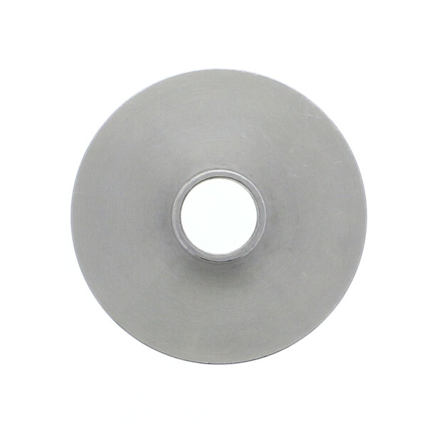 A silver metal disc with a hole in the center.