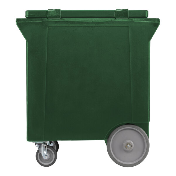 A large forest green mobile ice bin with two large wheels and two smaller caster wheels.