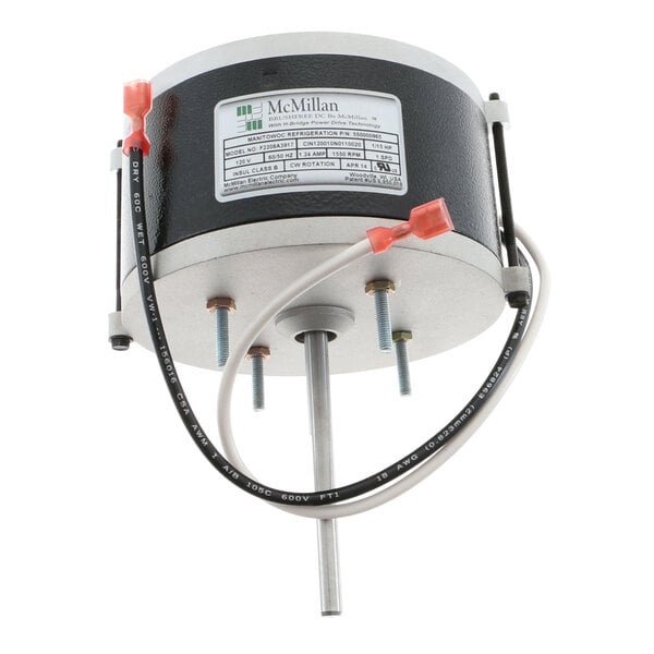 A black motor with red and white cables attached to it.