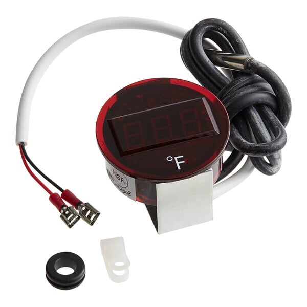 A red Metro digital thermometer with wires.