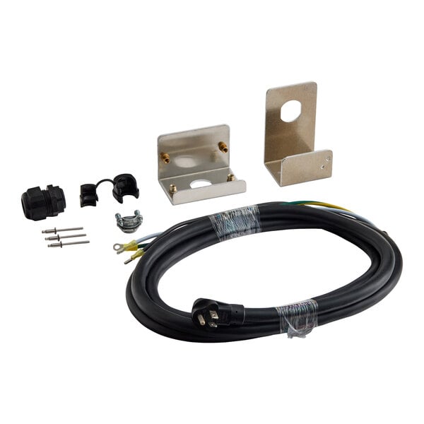 A Metro RPC5-RTANGLE-15 power cord kit with a 15-amp cord, mounting brackets, screws, and cable fittings.