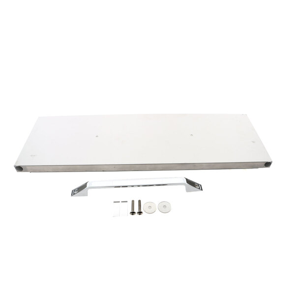 A white drawer front for a Randell refrigeration cabinet with metal parts.